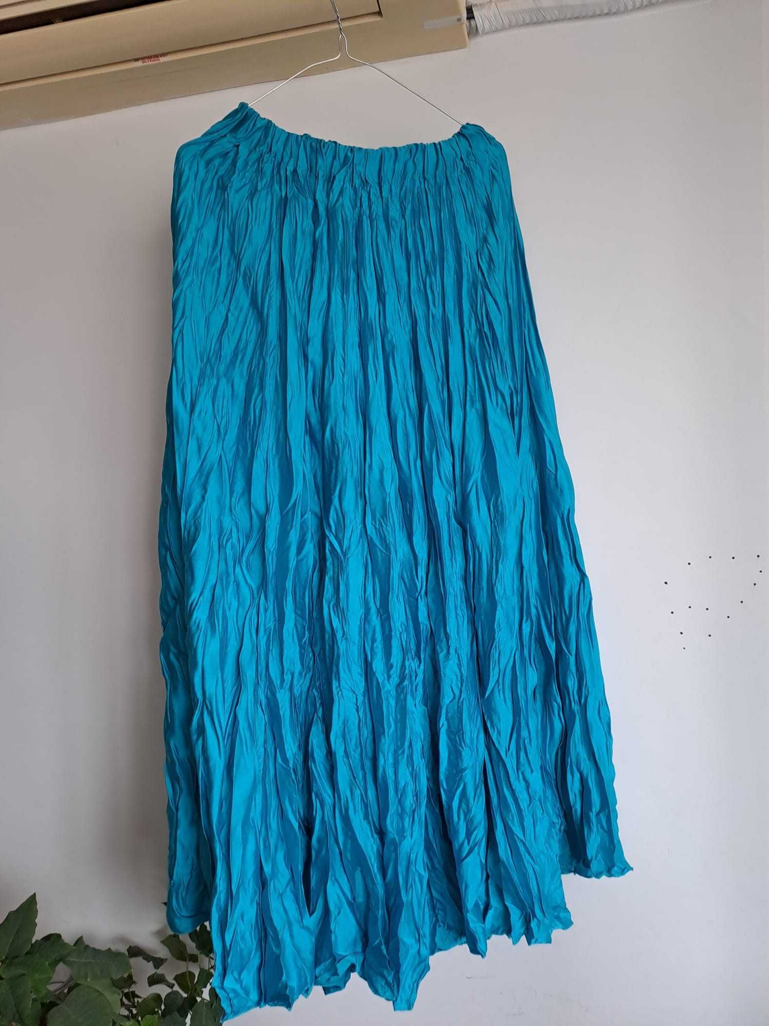 Fustă plisată lungă bleu turcoaz aspect satin L / XL