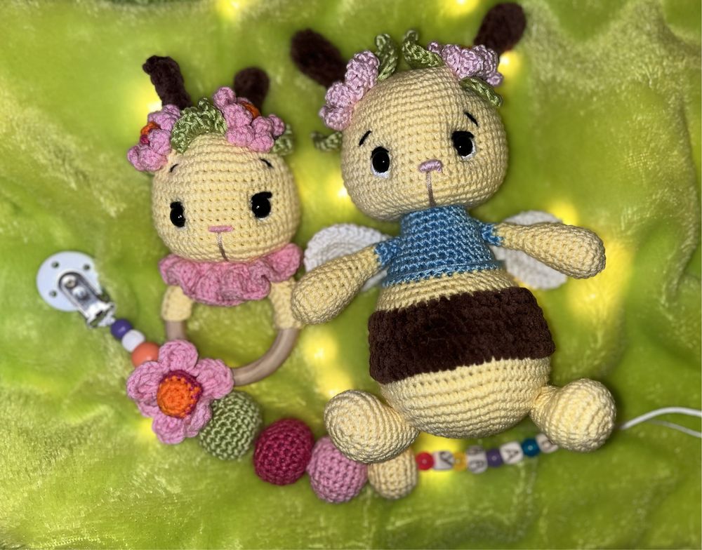 Плетени играчки - сет от дрънкалки и клипс за биберон
