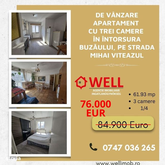 De vânzare ap.t cu 3camere în Înt. Buzăului, pe str. Mihai Viteazul!