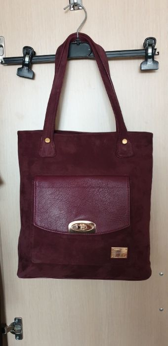 Geanta piele naturala si piele intoarsa bordo/ visinie