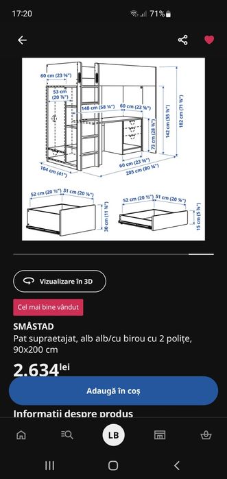 Vând pat supraetajat IKEA Smastad - ca NOU!
