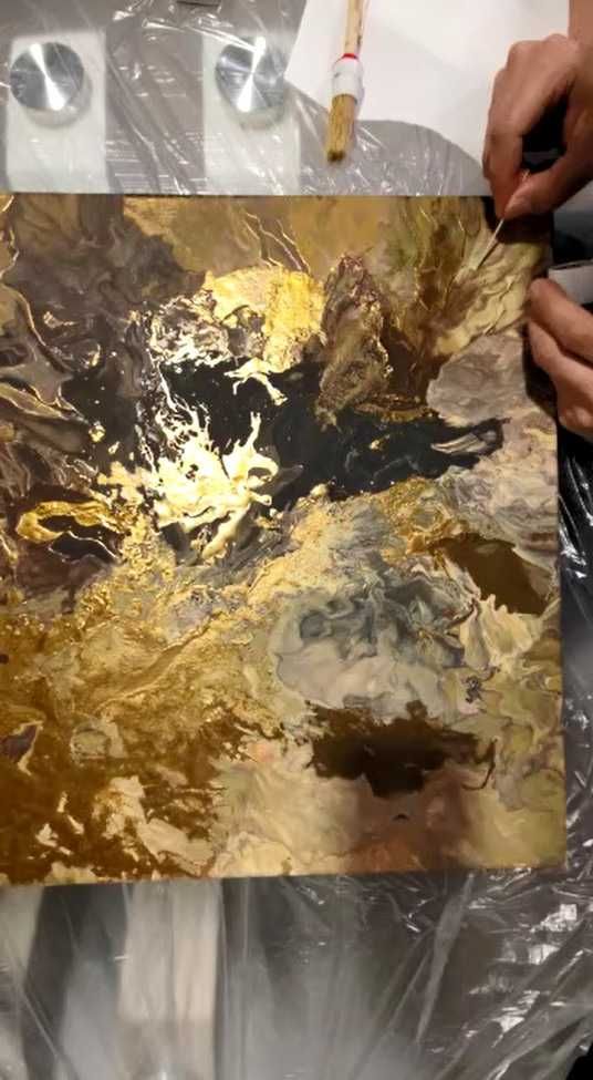 Tablou ~ Golden Storm ~ Abstract cu aur lichid ~ 60cm x 50cm