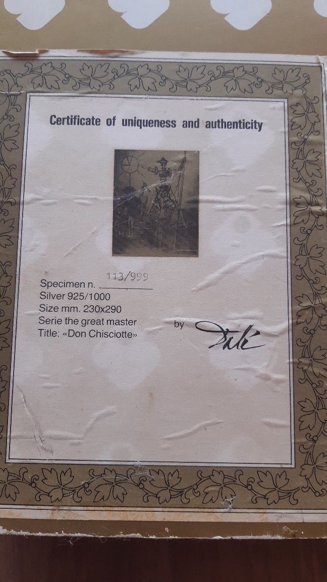Salvador Dali certificat de autenticitate.