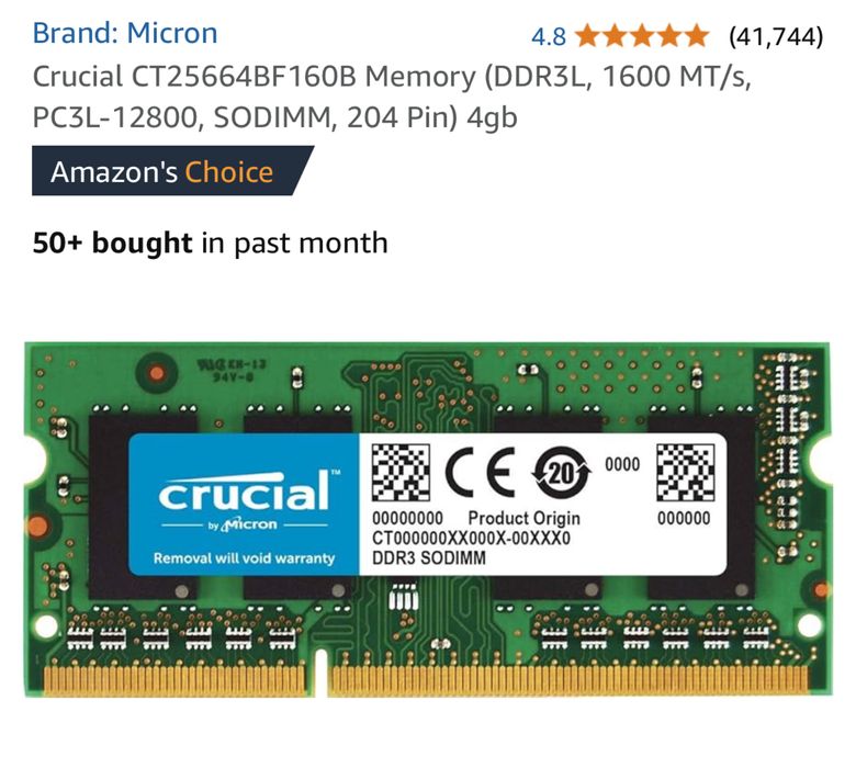 RAM 4 GB Crucial CT25664BF 160B Memory (DDR3L,