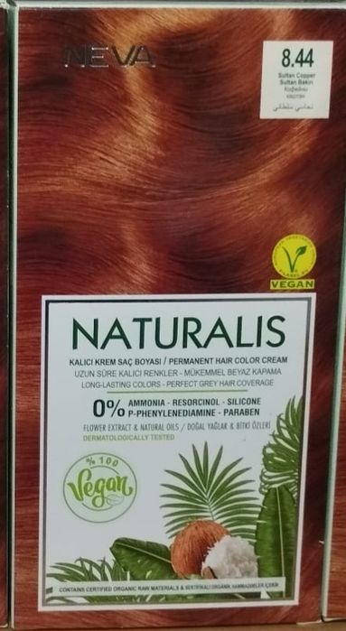 Vopsea de par vegana fara amoniac, Aramiu Roscat 8.44, Naturalis