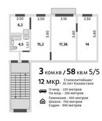 3-комнатная квартира, 58 м², 5/5 этаж за 13.3 млн, Майкудук