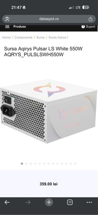 Sursă AQIRYS Pulsar LS White 550W – 80+ White, stare impecabila, silen