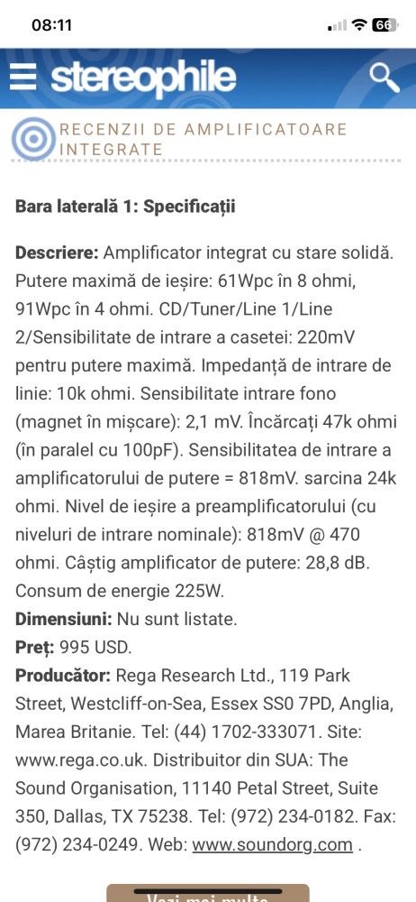 Rega MIRA 3 Nou STEREO 2x90W High-End Audiofil Preț deLISTĂ 1000$ 10Kg