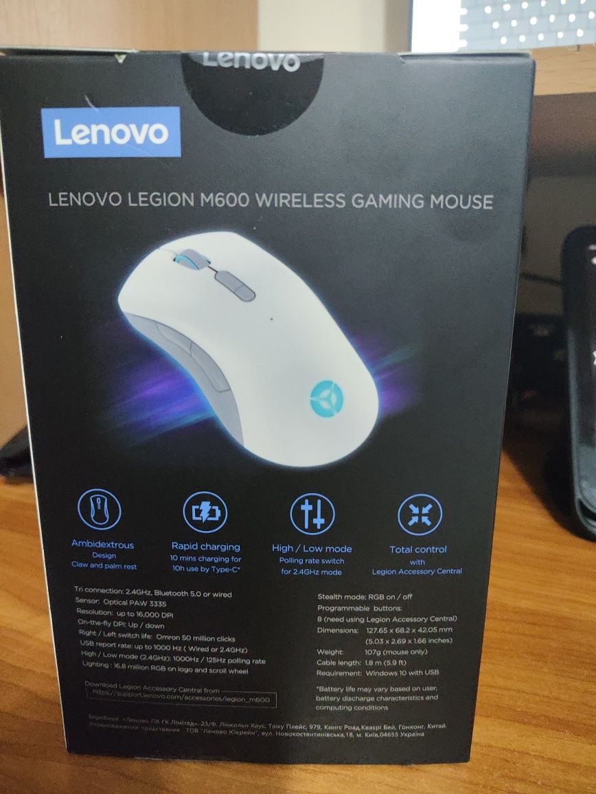 Mouse gaming wireless Lenovo Legion M600, iluminare RGB, 16k DPI, cone