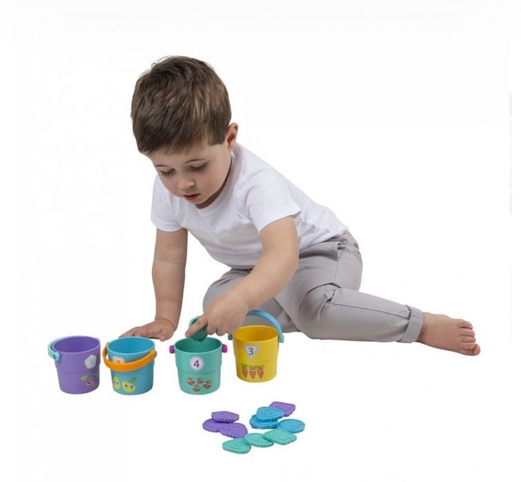 Активна играчка за броене и сортиране Playgro - Кофички с жетони 12М+