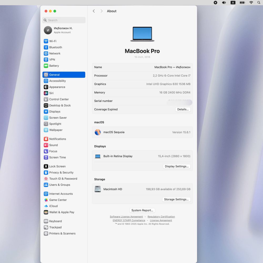 Macbook Pro 2018 sotiladi i7 16/256 katta ekranlik
