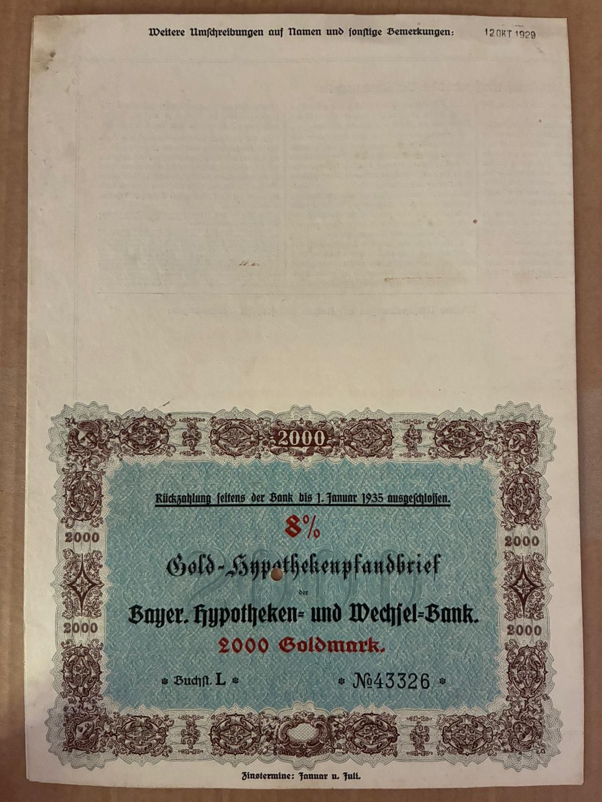 2000 Goldmark 1929 Germania titlu obligatiune bond marci aur