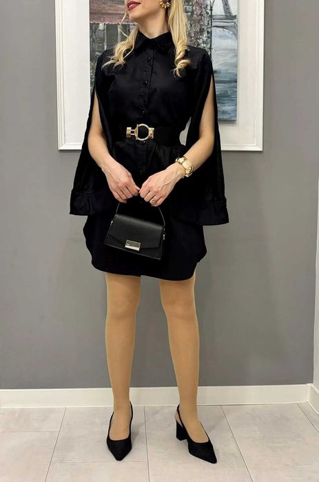 Дамска черна риза рокля с отворени ръкави