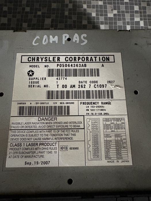 Радио CD MP3 за Jeep Compass 2008год.