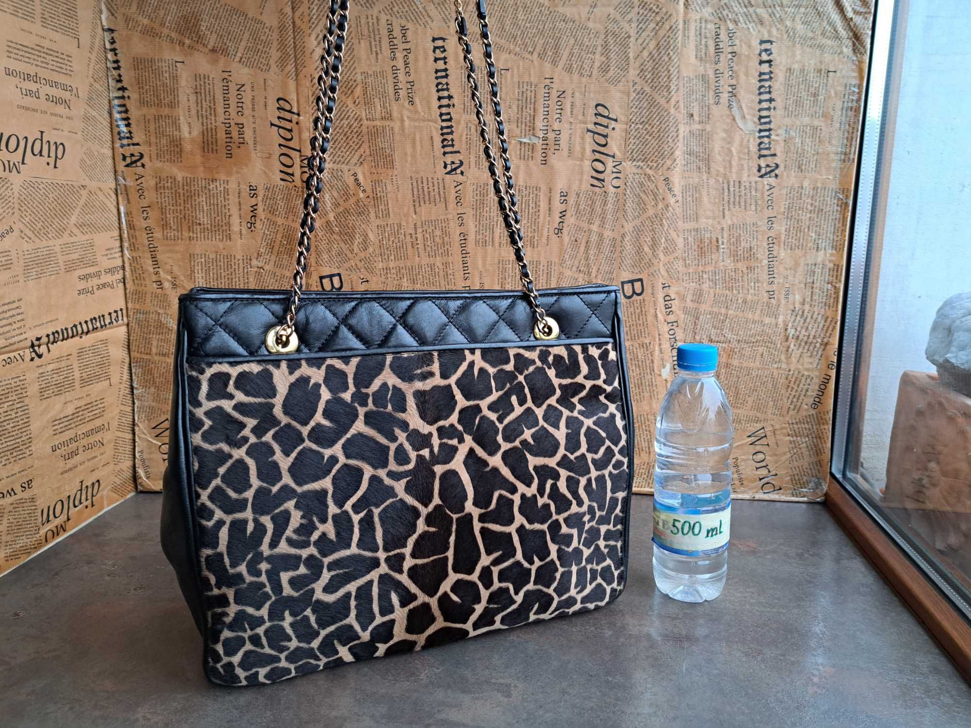 леопардово черна чанта с две страни за носене-естествена кожа и косъм
