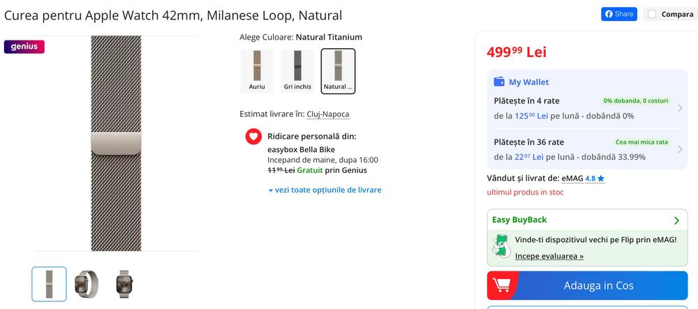 Curea Apple Watch Milanese Loop 42mm Natural Graphite ORIGINAL SIGILAT