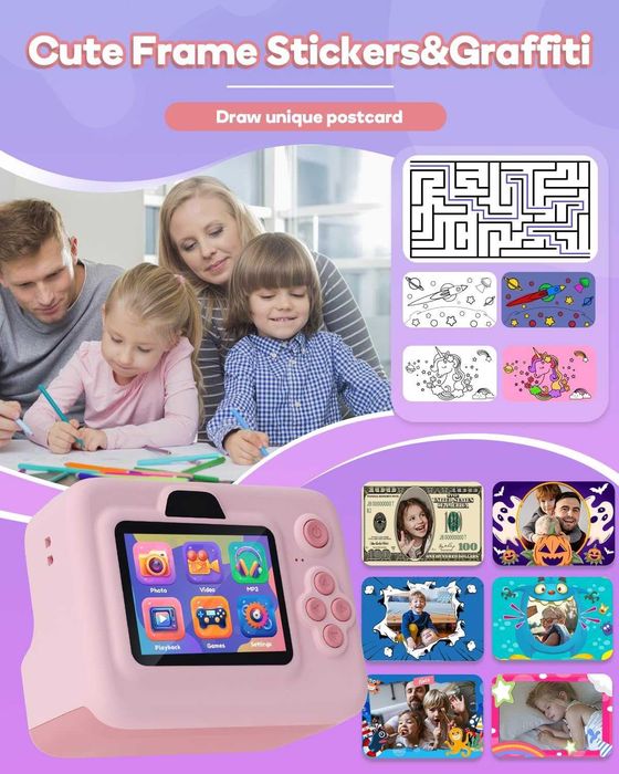 Dylanto Детски фотоапарат за моментално печатане на снимки, 1080P ...