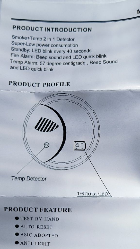 Detector independent incendiu 2 in 1, fum și temperatură.