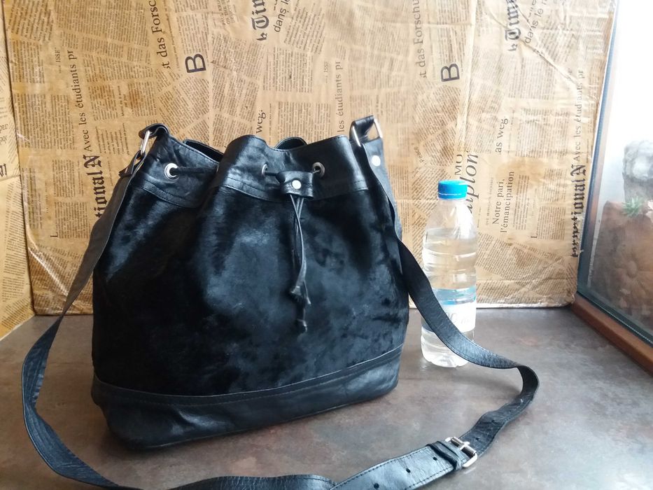 дамска чанта,черна малка кожена торба-естествена кожа и косъм