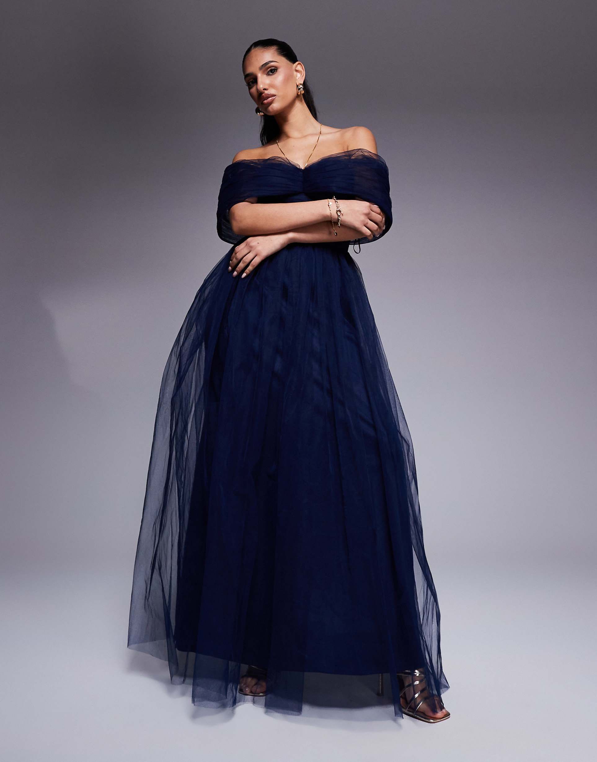 Тъмно синя рокля LACE&BEADS ASOS  тюл паднали рамене  ххс хс размер