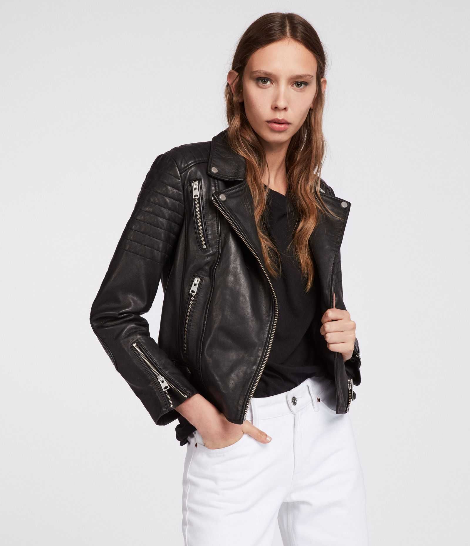 AllSaints Papin Дамско Кожено яке Агнешка Кожа Черно Medium UK 10