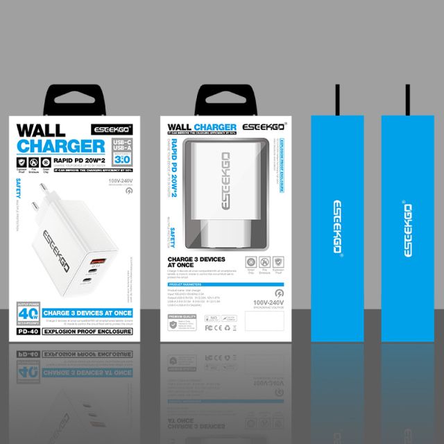3-в-1 Бързо Зарядно Адаптер: USB Type A и Двоен USB Type C (40W/20W)