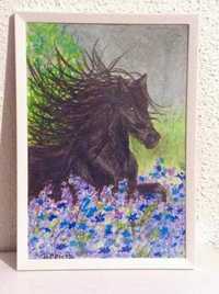 Calul.Desen in pasteluri cu rama alba,21cmx30cm,150 lei,doar in Brasov