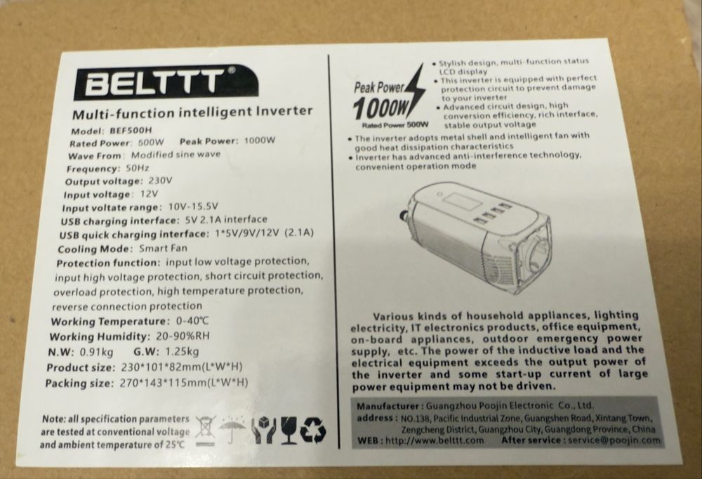 Invertor BELTTT 1000w 12v, 4 usb, 1 iesire 220v