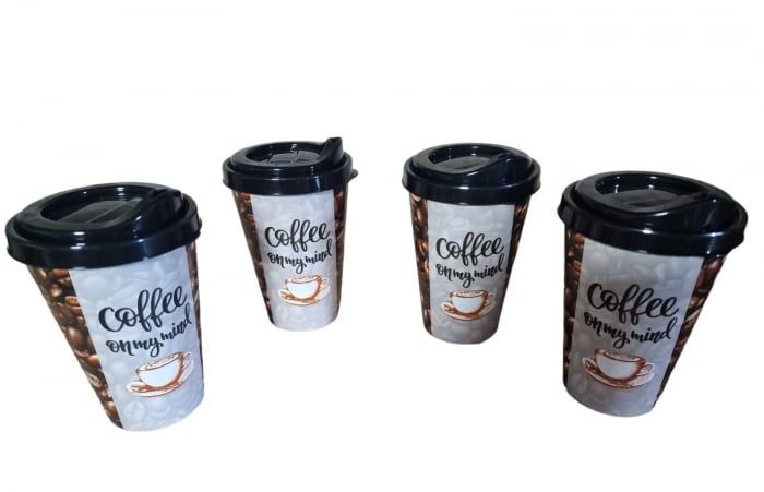 Set 4 pahare pentru cafea/ceai din plastic cu capac reutilizabile.
Set