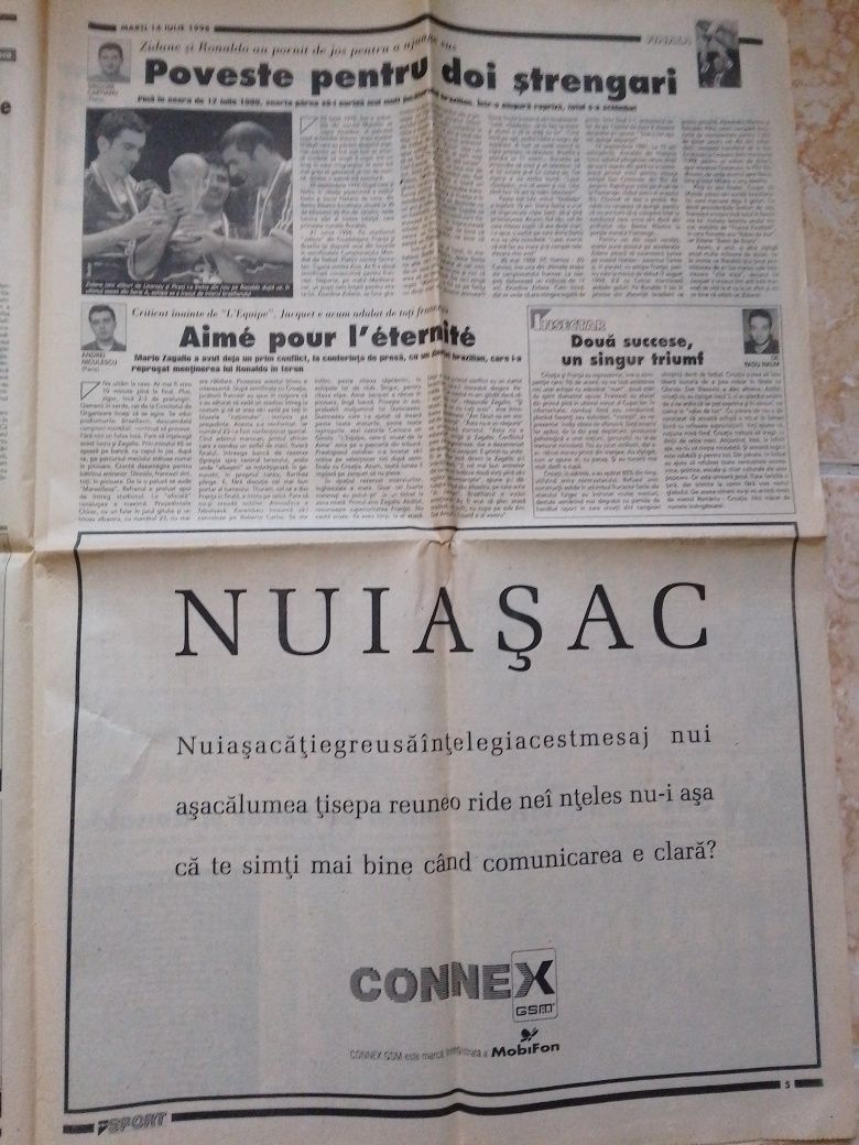 Vând ziar sport finala C.M.1998 Franta-Brazilia