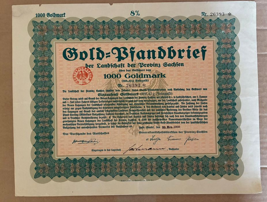 titlu stat 1000 Goldmark  1930 Germania bond marci aur  neincasat