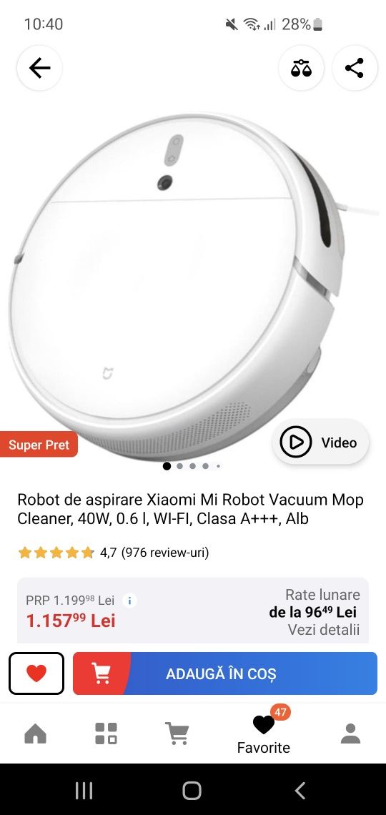 Robot de aspirare Xiaomi Mi Robot Vacuum Mop Cleaner, 40W, 0.6 l, WI-F