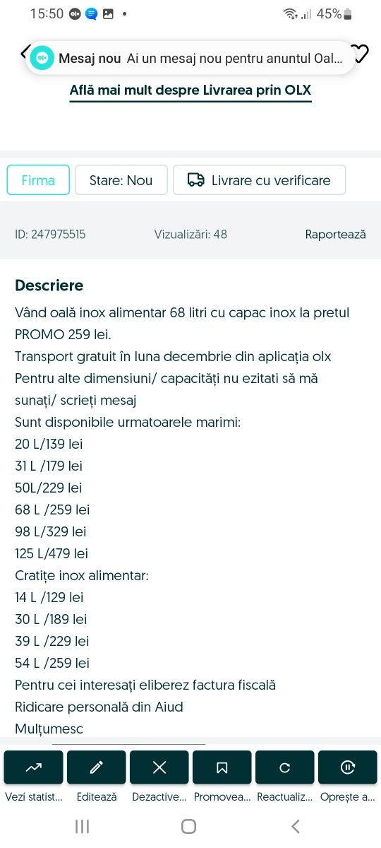 Oală inox alimentar cu capac 20 L Ofertă/139Lei