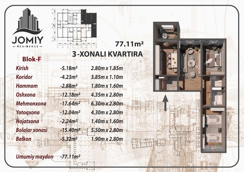 JK Jomiy Residencedan tayyor ta'mirlangan xonadonlar
