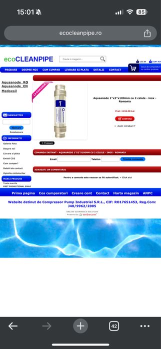 Aquaanode 1"x2"x100mm cu 2 celule - inox