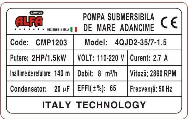 Pompa apa submersibila ALFA 7* ITALY 7 turbine, suruburi inox, H140m