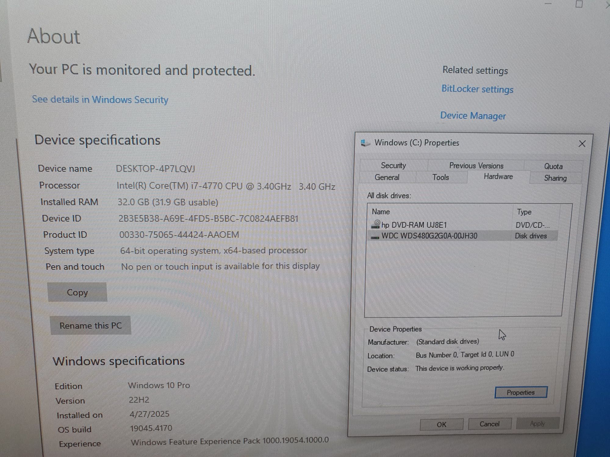 Computer desktop Intel Core i7 3.4 GHz, 32 GB RAM, 445 GB HD