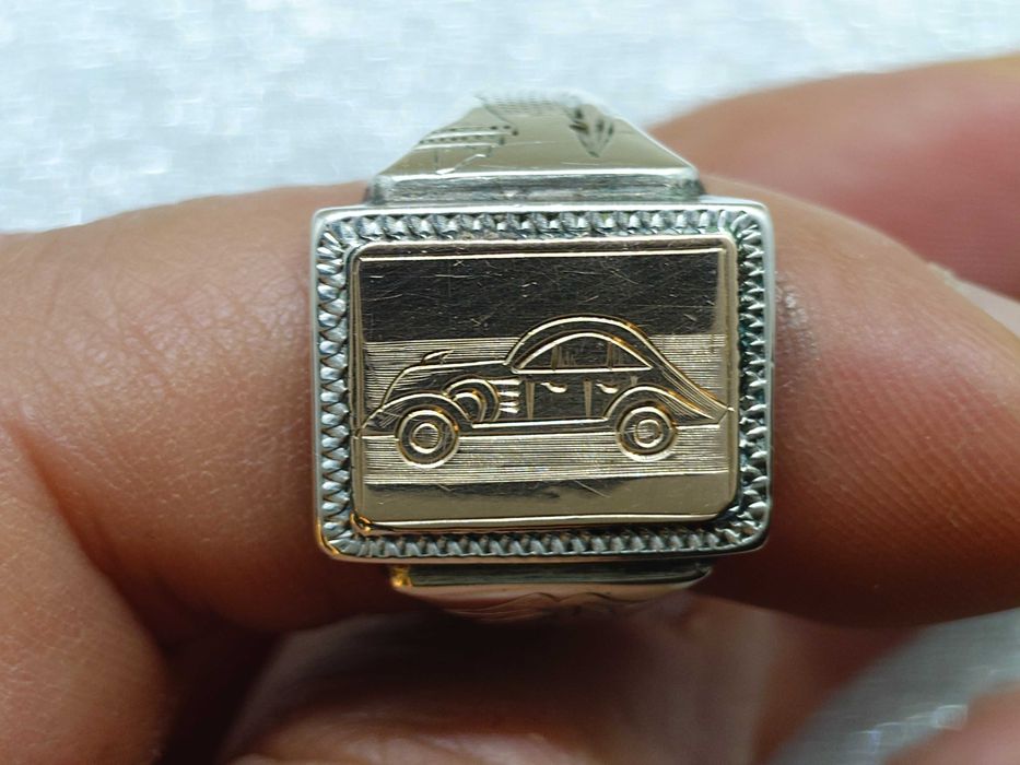 Inel argint cu față din aur gravat – mașină vintage stil anii ’30