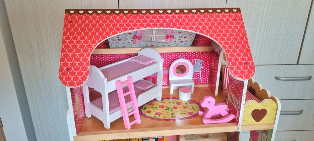 Casă de papuși din lemn cu led 90×60×30 cm