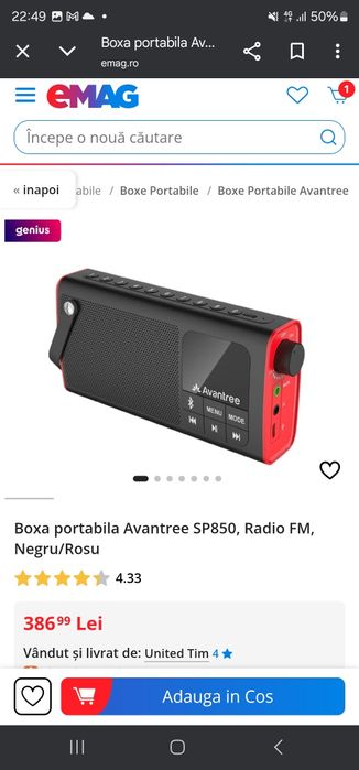 Boxa portabila Avantree SP850, Radio FM, Negru/Rosu