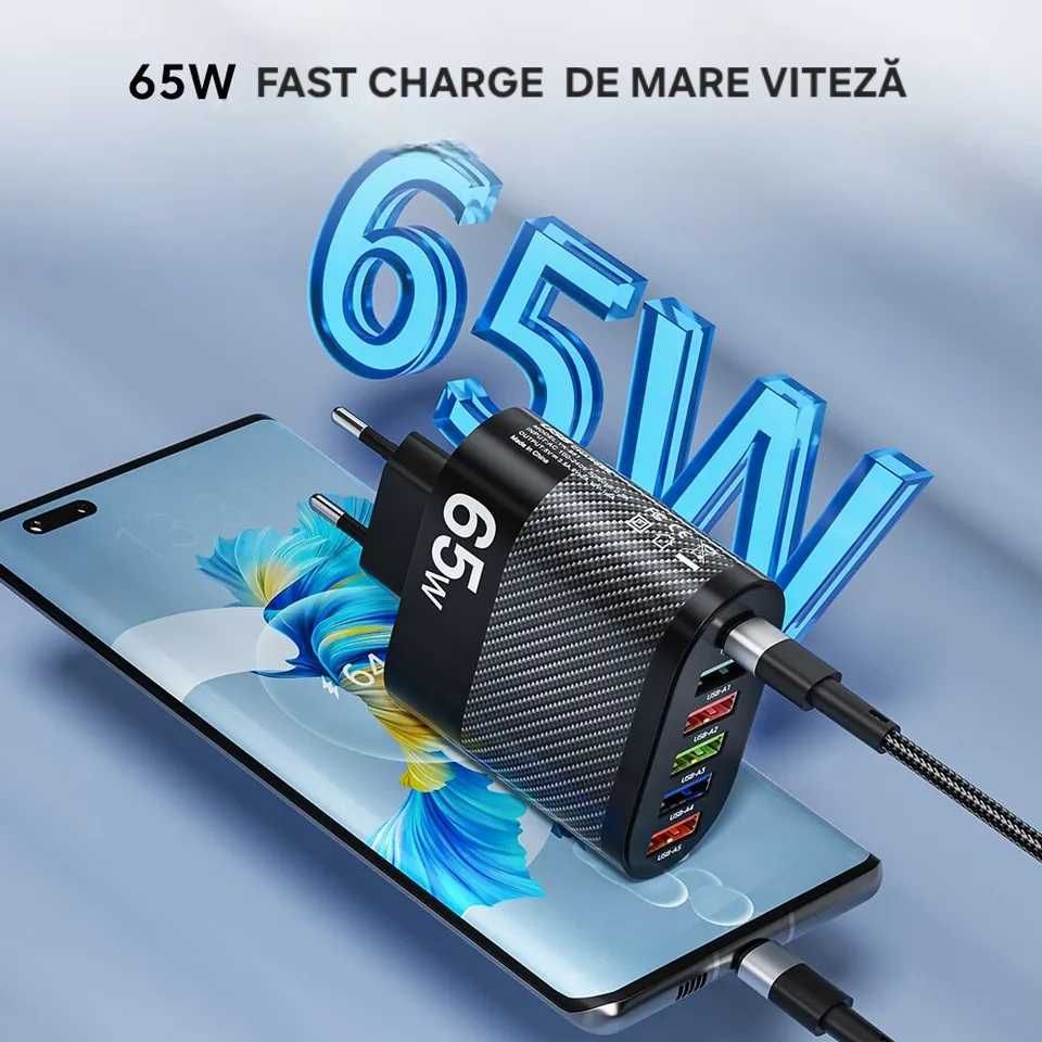 Încărcător Fast Charge 65W, 5 porturi UsbA+UsbC. 3.1A. Universal.