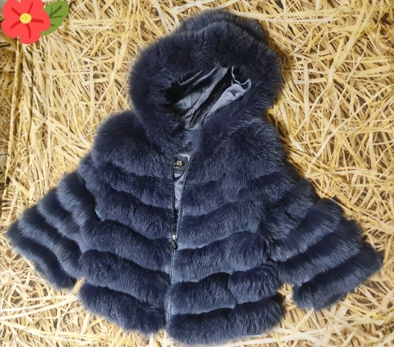 Луксозно яке от естествена кожа и гъст косъм от лисица/XS/цвят мастило