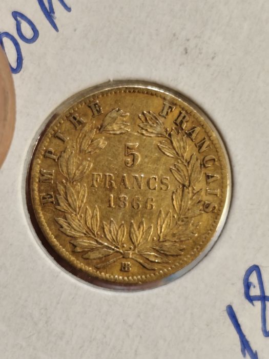 Златна монета 5 франка 1866 год, имп.Наполеон III ,1.61 гр,900/1000