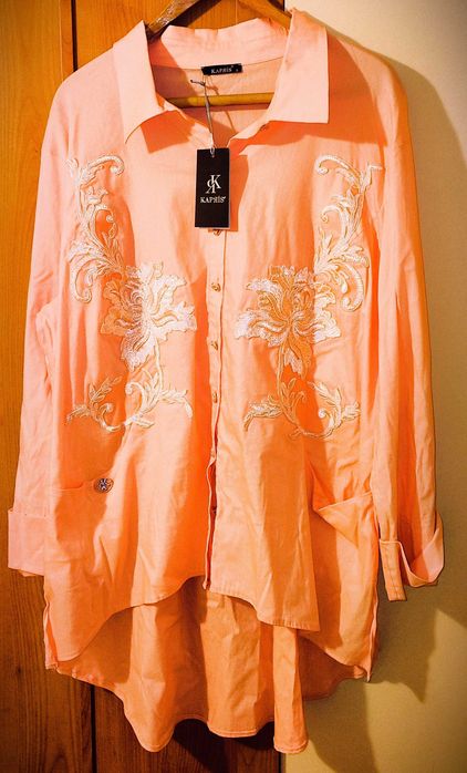 Банкетна лятна дамска риза, бледорозова с бродерия; 4XL–6XL/BG 54–58