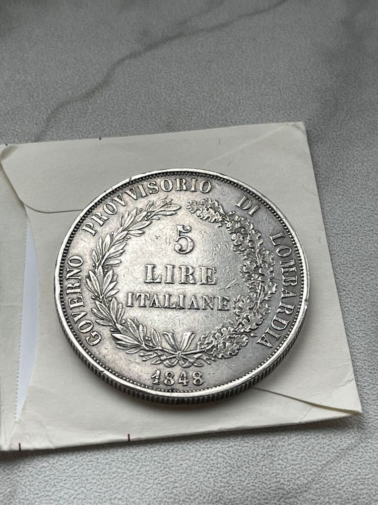 moneda Italia 5 lire 1848 M guvernul provizoriu,