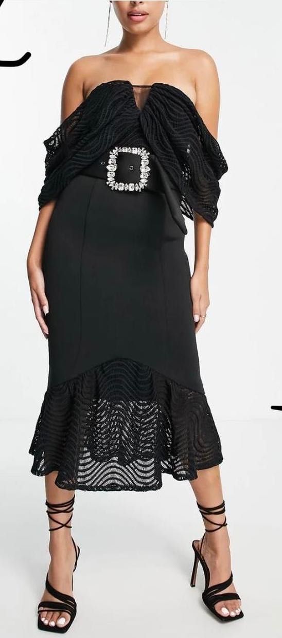 ASOS DESIGN – Черна рокля под коляното с дантела и кармен деколте 34