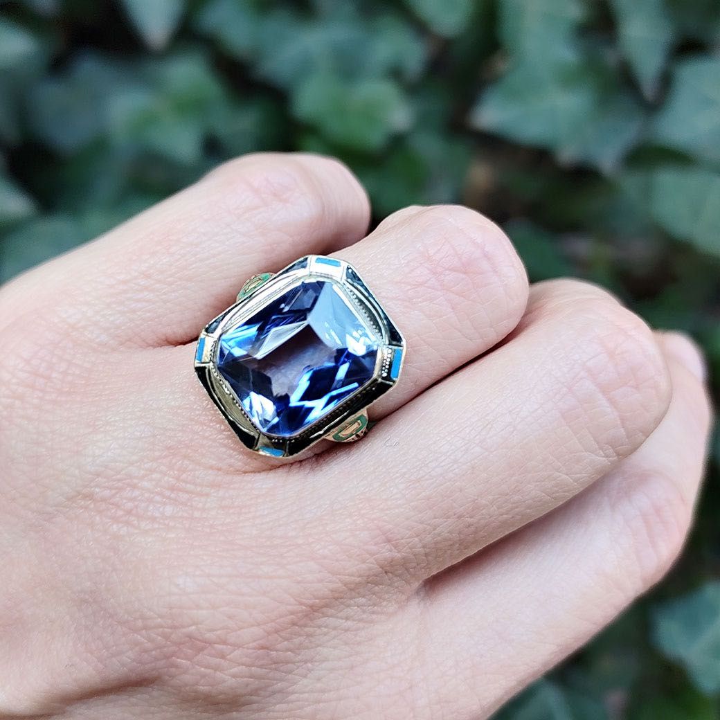 inel Art Deco, aur 14k, safir Verneuil, email, certif.