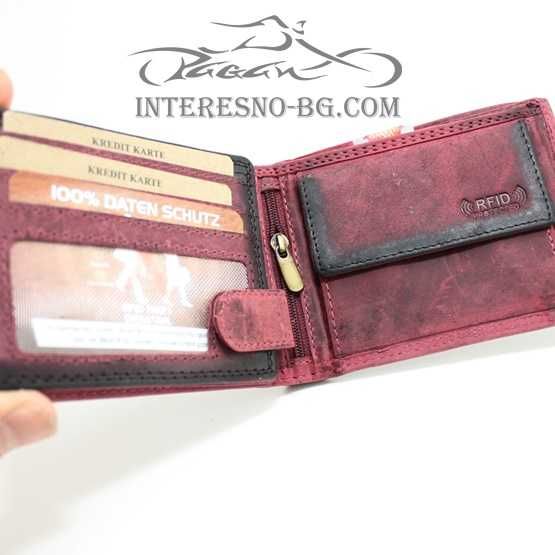 Рокерски портфейл от естествена кожа SKULL (red)