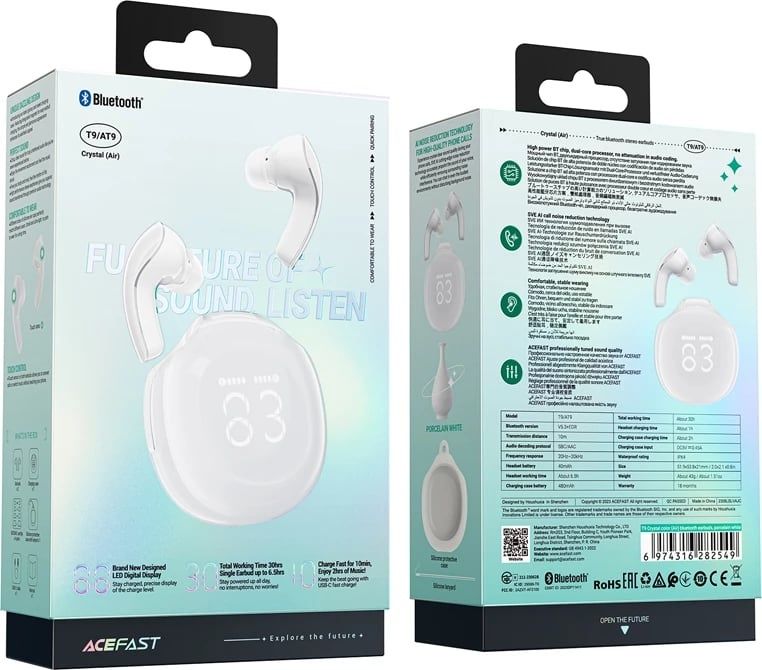 Căști Acefast T9, wireless, Bluetooth 5.3, cu afișaj LED, albe