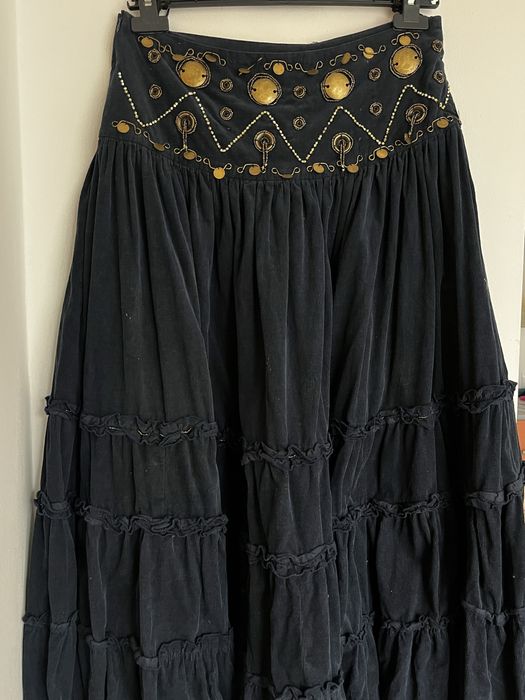 Fusta midi/lunga catifea albastru inchis decorat în jurul taliei